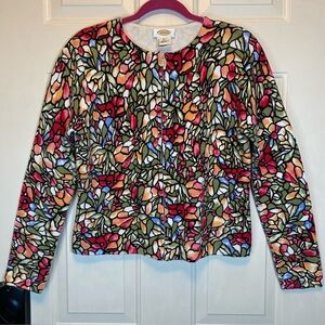Vintage Talbots Cardigan Sz M Stained Glass Mosaic Floral Pattern Zip Front